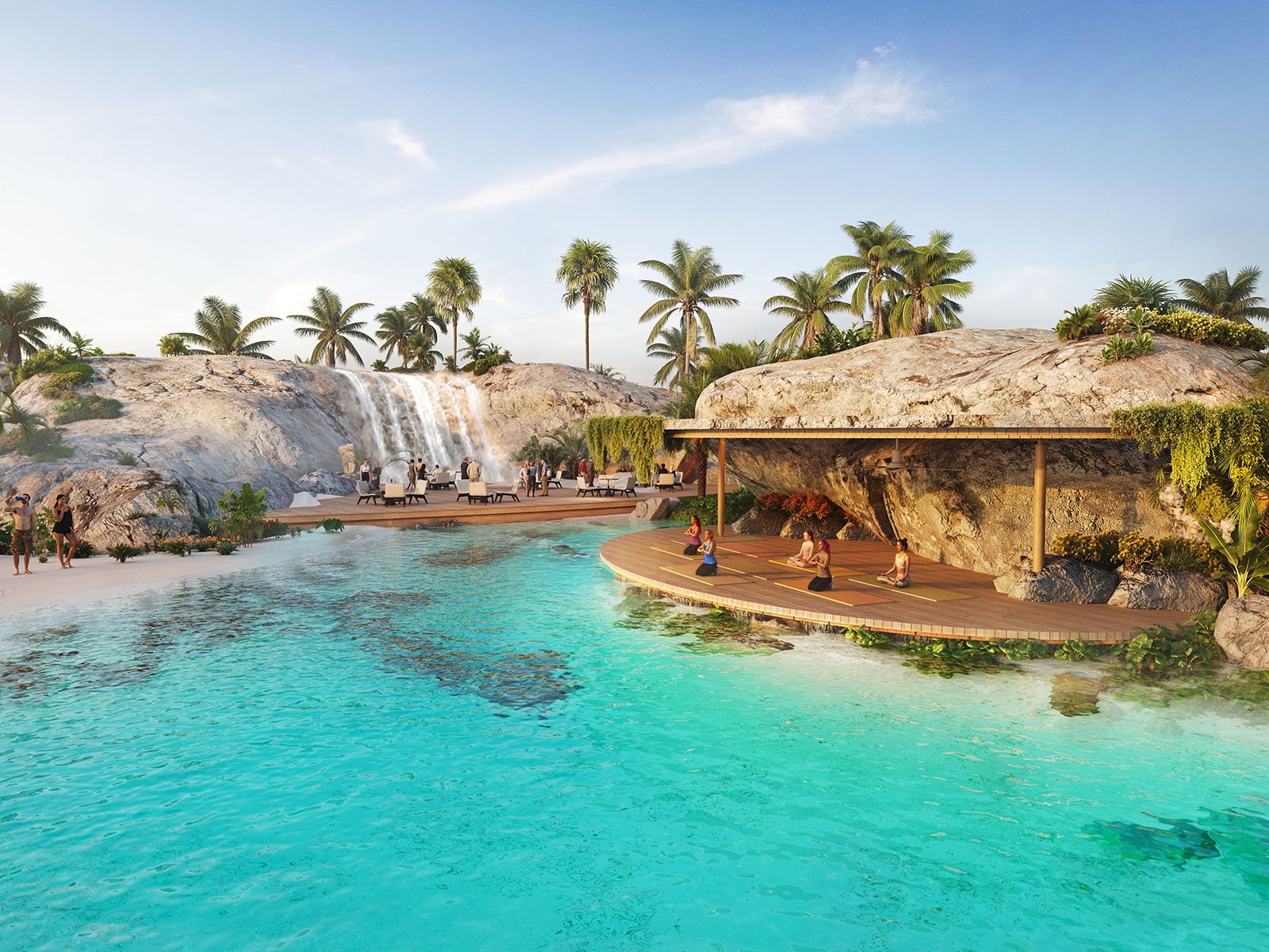 Dine by the Mystic Falls or head to the Opal Yoga Deck where water and wellness intertwine.
